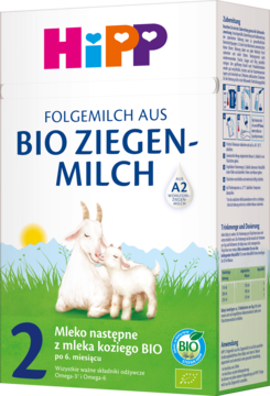 HiPP 2 Mleko następne z mleka koziego BIO, białe pudełko z grafiką kóz i napisem A2, widok z przodu.