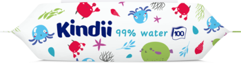 Kindii chusteczki nawilżane dla dzieci 99% wody, 100 sztuk, białe z kolorowymi morskimi stworzeniami.