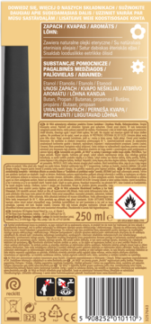Tył opakowania Air Wick Freshmatic Drzewo Sandałowe i Wanilia, beżowe, z listą składników, pojemnością 250 ml.