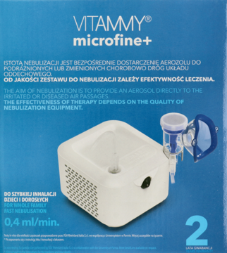 Niebieskie opakowanie inhalatora kompresorowego Vitammy microfine+, widok z góry, z białym urządzeniem, 0,4 ml/min.