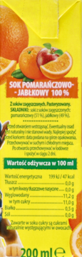 Tył żółtego kartonu soku Hortex pomarańczowo-jabłkowego 100% z tabelą wartości odżywczych.