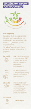 Panel informacyjny o wpływie na środowisko: ocena A (żółw), ślad węglowy, recykling kartonu i tuby, etykieta odnawialna, wegańska receptura.