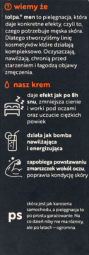 Ulotka tołpa. men z czarnym tłem, białym tekstem i ikonami, opisująca krem pod oczy i jego działanie.