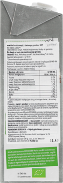 Tył biało-zielonego kartonu enerBio Barista napoju groszkowego bez cukru. Widoczna tabela wartości odżywczych i certyfikaty UE.