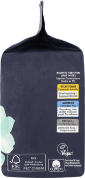 Tył opakowania podpasek Facelle ultra normal, z instrukcjami recyklingu i logami FSC, Vegan, Cotton.