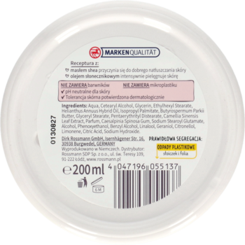 Tył białego okrągłego opakowania Mamas Babydream Masła do ciała 2 w 1, 200 ml, z etykietą i składnikami.