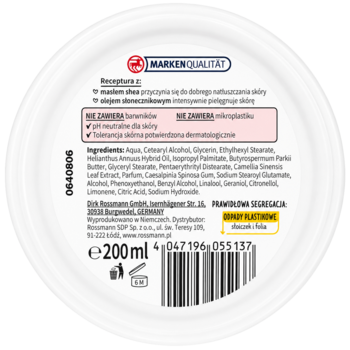 Tył białego opakowania Mamas Babydream Masło do ciała 2w1 200ml, z etykietą, składnikami, barcode i deklaracjami.