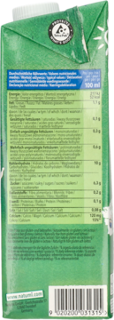 Zielony karton Naturli z napojem roślinnym, tył opakowania z tabelą wartości odżywczych i kodem kreskowym.