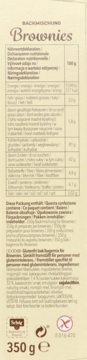 Tył beżowego opakowania bezglutenowej mieszanki do pieczenia Brownies 350g, z tabelą odżywczą i logo gluten-free.