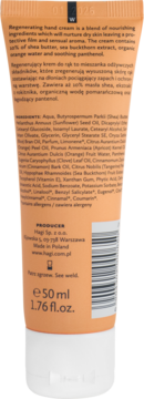 Tył pomarańczowej tubki kremu do rąk Hagi Regenerating z białym wieczkiem, widoczny opis i pojemność 50ml.