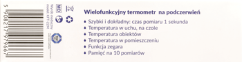 Opakowanie termometru na podczerwień Air Doctor z kodem, opisem funkcji: pomiar ucho/czoło, obiektów, pomieszczeń, 30 pamięci.