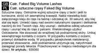 Instrukcja aplikacji i ostrzeżenia dla sztucznych rzęs Catr. Faked Big Volume w języku polskim i angielskim.