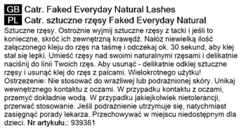Instrukcja PL/GB dla Catr. Faked Everyday Natural Lashes. Tekst z opisem aplikacji i ostrzeżeniami na białym tle.