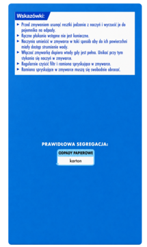 Instrukcje Domol tabletek do zmywarki na niebieskim tle: wskazówki użycia i segregacja kartonu.