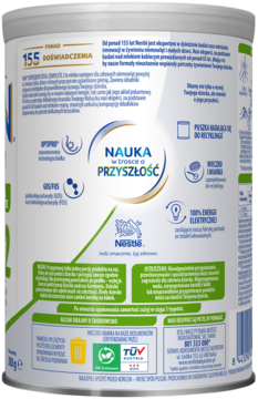 Tył puszki mleka NAN EXPERTpro Total Complete 2 dla niemowląt 6m+, z opisami składników i recyklingu.