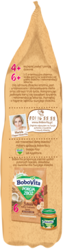 Tył opakowania BoboVita Porcja Zbóż kaszka ryżowo-bananowa, beżowa torebka z informacjami i grafikami.