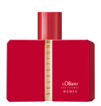Czerwona butelka perfum s.Oliver Selection Eau Intense Women, z pionowym złotym paskiem, widok z przodu.