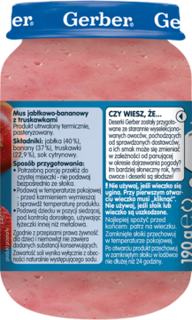 Gerber Mus jabłkowo-bananowy z truskawkami, różowe puree. Widok z boku na białą etykietę z opisem.