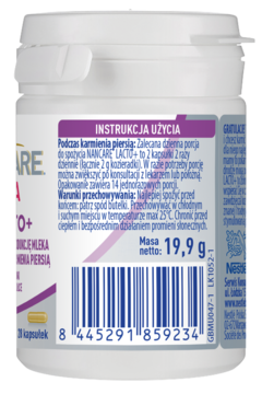 Tył białego opakowania suplementu Nan Care Mama Lacto + z kozieradką, z kodem i instrukcjami dla karmiących.