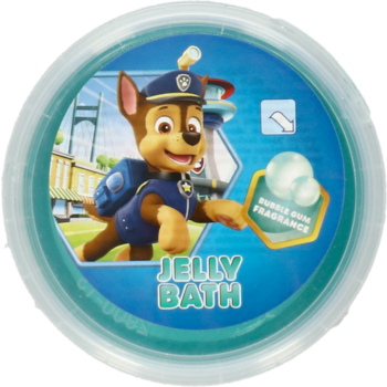 Okrągła, niebieska galaretka do kąpieli JELLY BATH Psi Patrol Chase, widok z góry, zapach gumy balonowej.