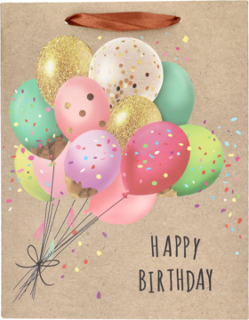 Ozdobna torebka prezentowa urodzinowa z kraftowego papieru. Grafika balonów, konfetti i napis HAPPY BIRTHDAY.