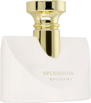 Damska woda perfumowana Bvlgari Splendida Patchouli Tentation, matowa biała butelka ze złotym korkiem, z przodu.