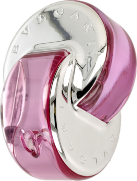 Różowa woda toaletowa Bvlgari Omnia Pink Sapphire w lśniącej butelce o kształcie splecionych pierścieni.