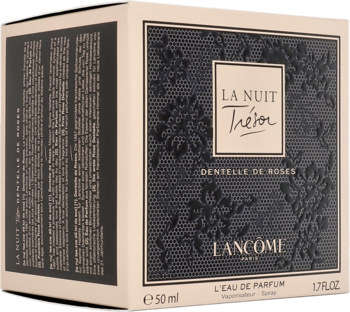 Pudełko Lancôme La Nuit Trésor Dentelle EDP. Beżowe z czarnym panelem w koronkę, widok z przodu i z boku.