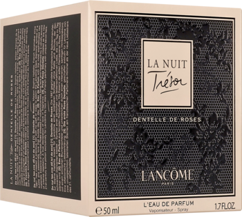 Przód i bok opakowania Lancôme La Nuit Trésor Dentelle EDP 50ml, beżowe z czarnym panelem w reliefowe róże.