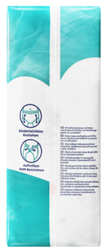 Tył białego opakowania pieluszek z turkusowymi wzorami, instrukcjami zakładania i zdejmowania, widok pionowy.