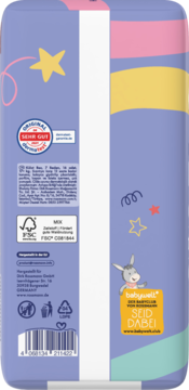 Tył opakowania pieluchomajtek Babywell Premium XXL, 16 sztuk, fioletowe, z logo FSC i testem dermatologicznym.