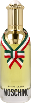 Moschino Eau de Toilette dla kobiet. Szklana butelka z żółtym płynem, złotym korkiem i kokardą w barwach włoskiej flagi.
