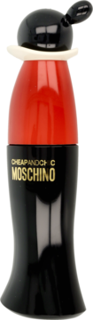 Moschino Cheap & Chic floral EDT 30ml, czarno-czerwona butelka z czapką stylizowaną na mysie uszy.