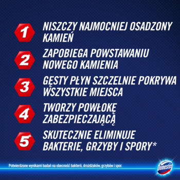 Lista 5 kluczowych korzyści żelu Domestos Zero Kamienia: zwalcza kamień, zabija bakterie, gęsta formuła.