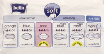 Opakowanie podpasek Bella Extra Soft, białe, z widocznymi typami: normal, long, night i poziomami chłonności.