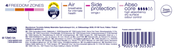Tył opakowania supercienkich podpasek higienicznych z opisem cech (4 FREEDOM ZONES, Abso core), kodem kreskowym.
