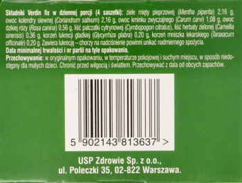 Tył zielonego opakowania suplementu Verdin Fix, widok na kod kreskowy i dane adresowe USP Zdrowie.
