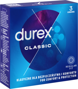 Niebieskie opakowanie Durex Classic 3 prezerwatyw, z białym logo i napisem 'Regular Fit', widok z przodu pod kątem.