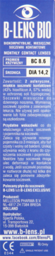 Niebieskie pionowe opakowanie miesięcznych soczewek B-LENS BIO. Widoczne parametry BC 8.6 i DIA 14.2.