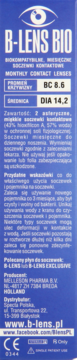 Granatowe pudełko B-LENS BIO miesięcznych soczewek kontaktowych, widok z przodu, z parametrami BC 8.6 i DIA 14.2.
