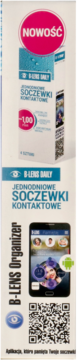 Białe opakowanie B-LENS DAILY jednodniowych soczewek kontaktowych z różową etykietą NOWOŚĆ i QR kodem do apki.