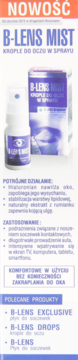 B-LENS MIST krople do oczu w sprayu: biała butelka z atomizerem i fioletowe opakowanie kartonowe, widok z przodu.
