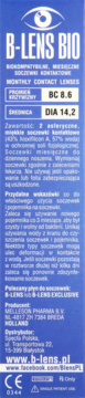 Opakowanie B-LENS BIO, niebieskie, przód. Miękkie, miesięczne soczewki kontaktowe BC 8.6, DIA 14.2.