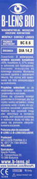 Niebieskie opakowanie soczewek B-LENS BIO Monthly Contact Lenses, parametry BC 8.6, DIA 14.2, widok z przodu.