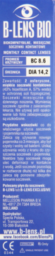 Niebieskie opakowanie B-LENS BIO soczewki miesięczne, z białym logo oka i widocznymi parametrami BC 8.6, DIA 14.2.