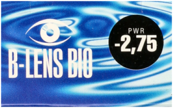 Niebieskie opakowanie B-Lens Bio z logo oka i wyraźną mocą soczewek -2,75 na czarnym tle.