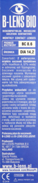 Niebieskie opakowanie B-LENS BIO miesięcznych soczewek kontaktowych asferycznych. Z przodu logo oka, BC 8.6, DIA 14.2.