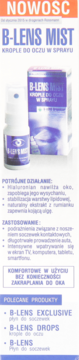 Nowość: B-LENS MIST krople do oczu w sprayu. Niebieska butelka i pudełko na białym tle, widok z przodu.