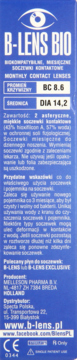 Niebieskie opakowanie soczewek B-LENS BIO, przód pudełka z napisem MONTHLY CONTACT LENSES, BC 8.6, DIA 14.2.