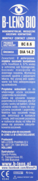 Niebieskie opakowanie B-LENS BIO miesięcznych soczewek kontaktowych, widok przód. Wymiary BC 8.6, DIA 14.2.